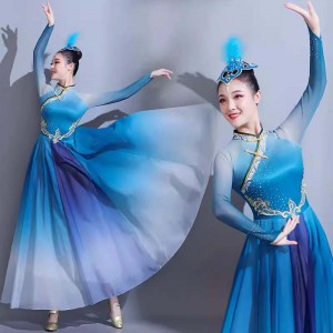 Blue gradient Mongolia dance Dresses for Women girls Chinese folk minority Mongolia dance costume  Mongolia dance robe  with headdress